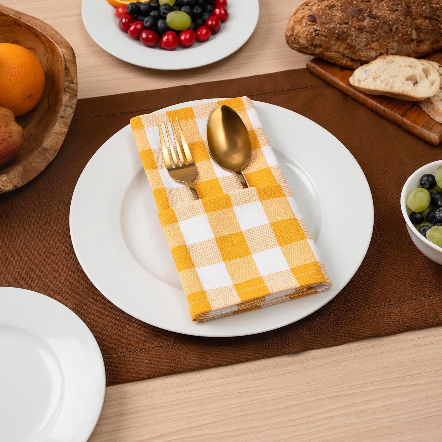 Gingham Buffalo Plaid Cloth Napkins 100% Cotton Set of 12 Dinner Table Napkins 18x18 inch Soft, Reusable, Washable Perfect for Spring Summer Easter & Everyday Use - Golden Yellow & White