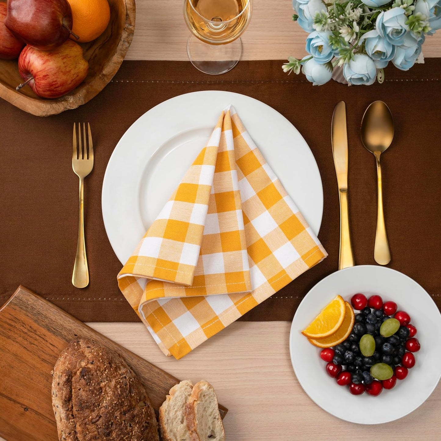 Gingham Buffalo Plaid Cloth Napkins 100% Cotton Set of 12 Dinner Table Napkins 18x18 inch Soft, Reusable, Washable Perfect for Spring Summer Easter & Everyday Use - Golden Yellow & White