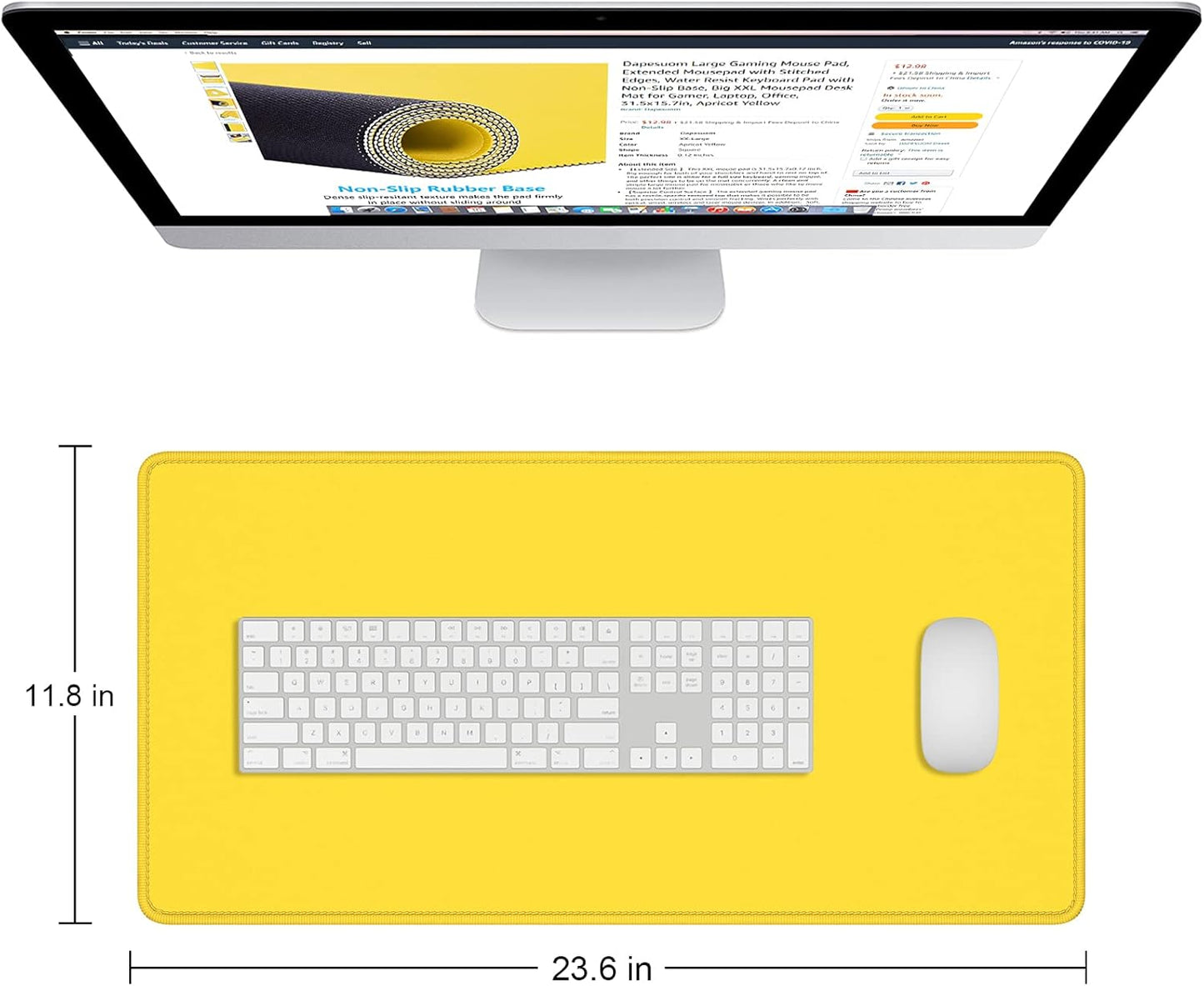 Large Mouse Pad, Extended Gaming Mouse Mat with Stitched Edges, Full Size Desk Mats with Non-Slip Base, Computer Big Desktop Keyboard Pad for Gamer, Laptop, Office, 23.6 x 11.8 in, Yellow