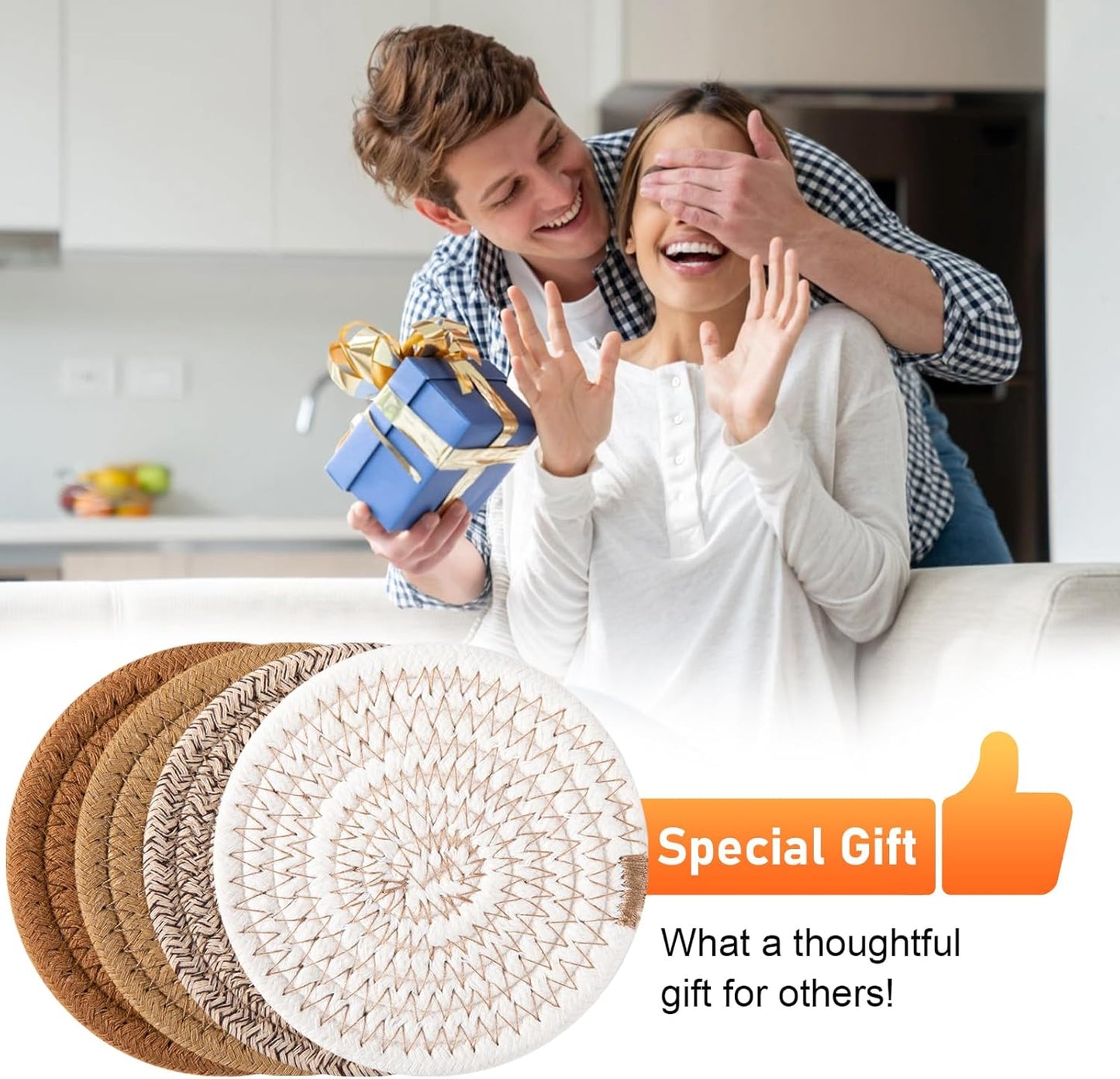 OIAHOMY 8 Pcs Coasters with Holder for Beer, Coffee, Woven Cotton Coaster Set for Table Decor for Kitchen, Bar, Dining Room, Living Room, Housewarming Gifts - Yellow