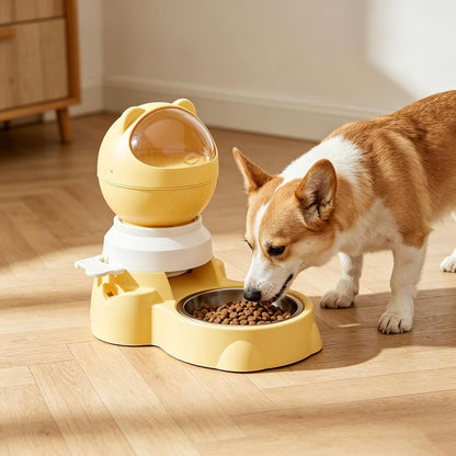 Automatic Food Dispenser Feeder & Push Button Pet Feeder, 1.5L Treat Dispenser, Two Ways to Use Slow Feeder for Dogs Cats Training (Yellow)
