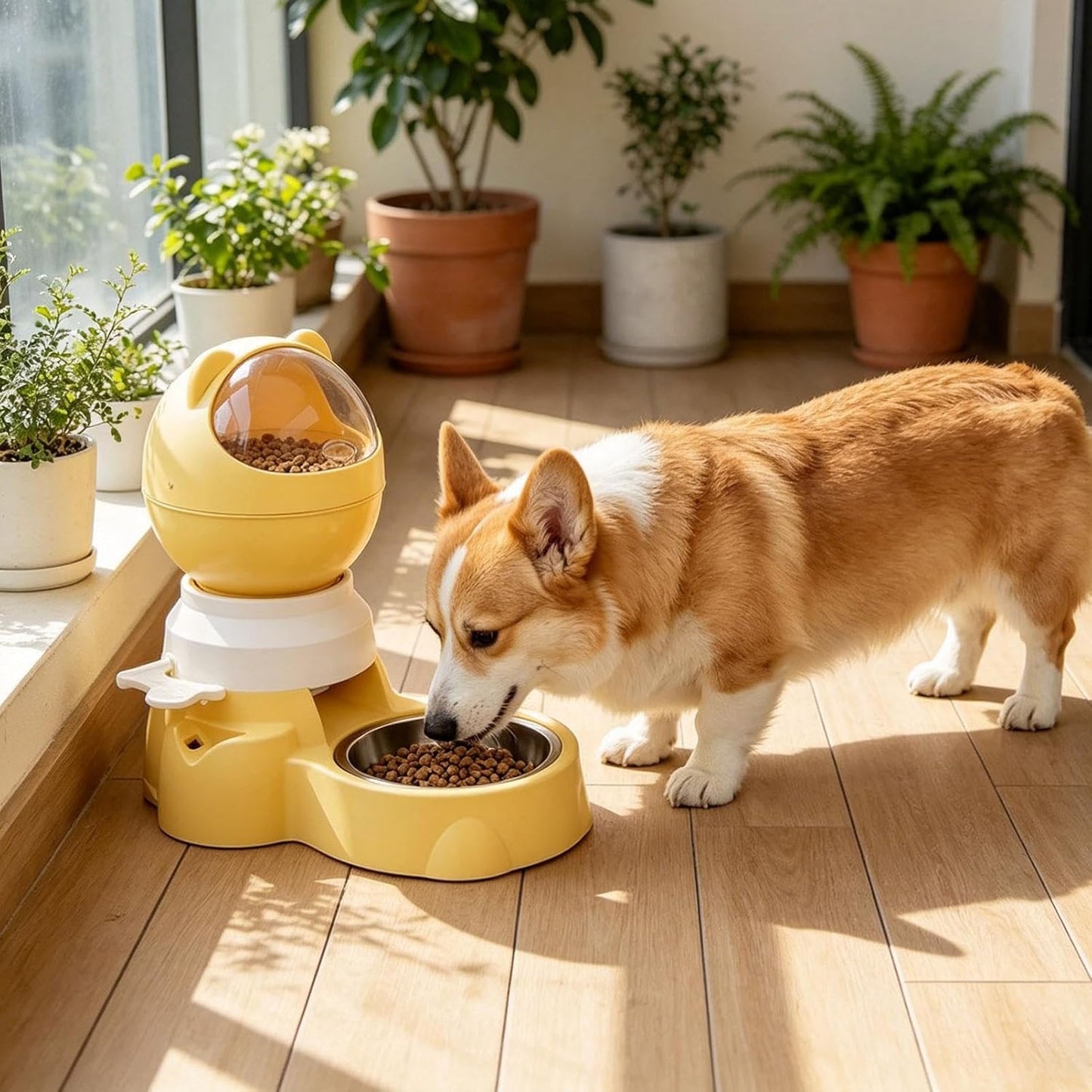 Automatic Food Dispenser Feeder & Push Button Pet Feeder, 1.5L Treat Dispenser, Two Ways to Use Slow Feeder for Dogs Cats Training (Yellow)