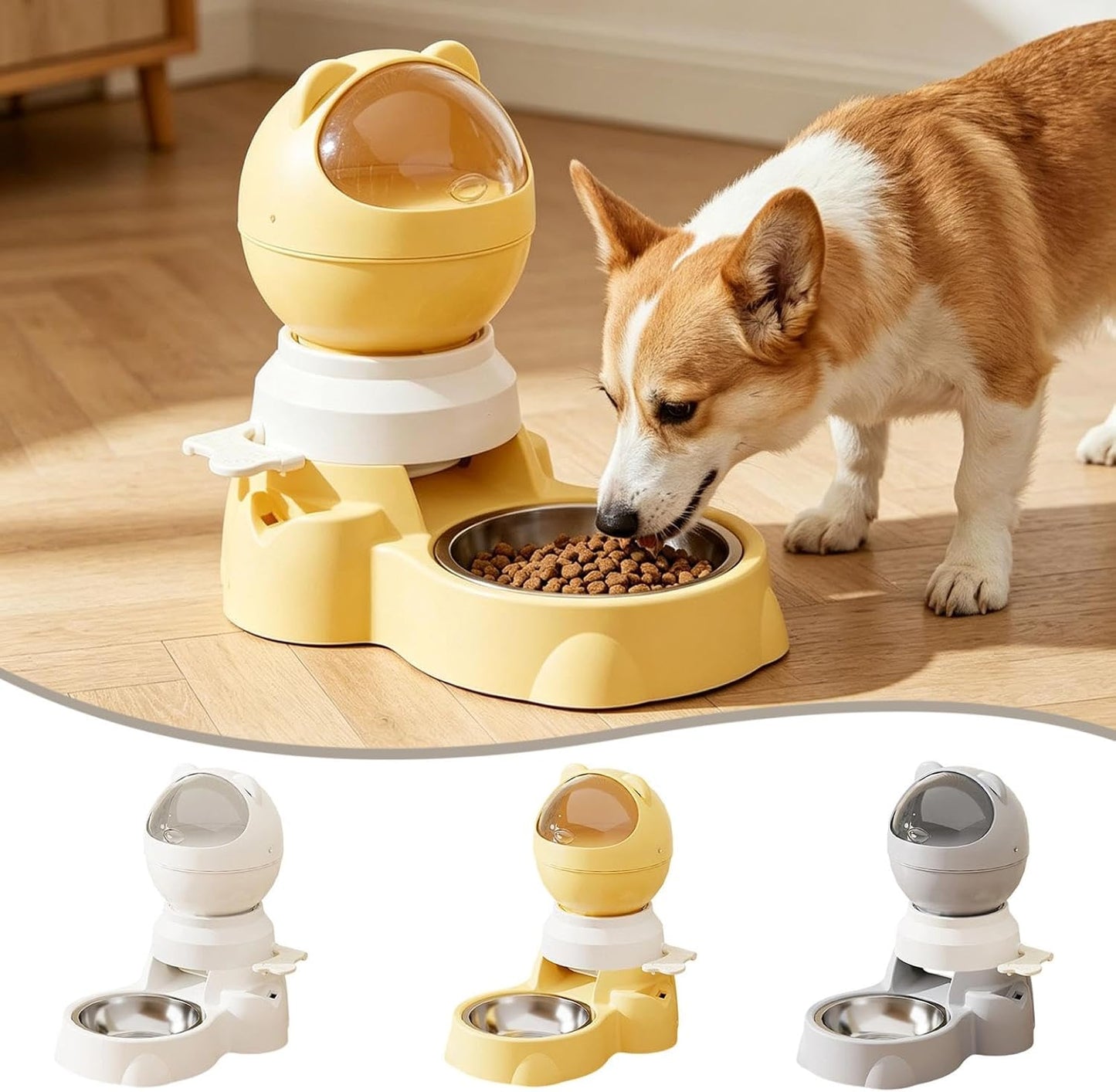 Automatic Food Dispenser Feeder & Push Button Pet Feeder, 1.5L Treat Dispenser, Two Ways to Use Slow Feeder for Dogs Cats Training (Yellow)