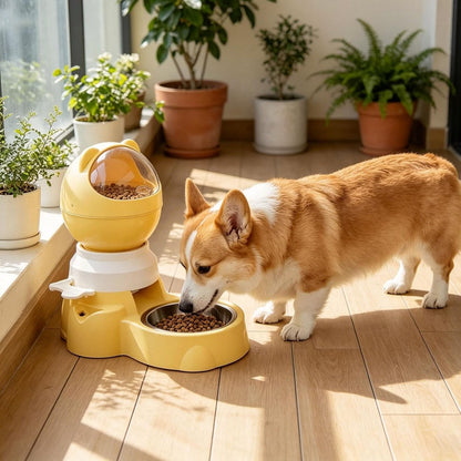 Automatic Food Dispenser Feeder & Push Button Pet Feeder, 1.5L Treat Dispenser, Two Ways to Use Slow Feeder for Dogs Cats Training (Yellow)
