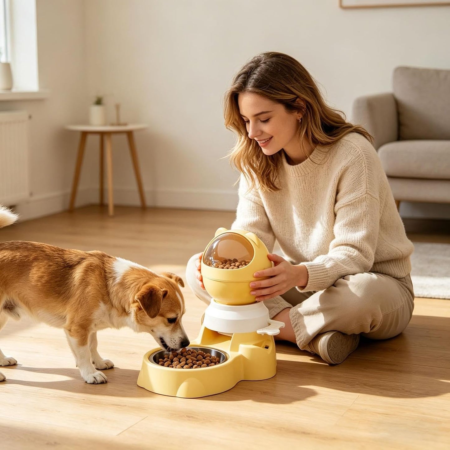 Automatic Food Dispenser Feeder & Push Button Pet Feeder, 1.5L Treat Dispenser, Two Ways to Use Slow Feeder for Dogs Cats Training (Yellow)