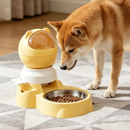 Automatic Food Dispenser Feeder & Push Button Pet Feeder, 1.5L Treat Dispenser, Two Ways to Use Slow Feeder for Dogs Cats Training (Yellow)