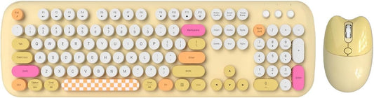 Wireless Keyboard & Mouse Combo with Silent Click | Colorful 104 Keys Full Keyboard | USB & Type-C Adapter (Yellow)