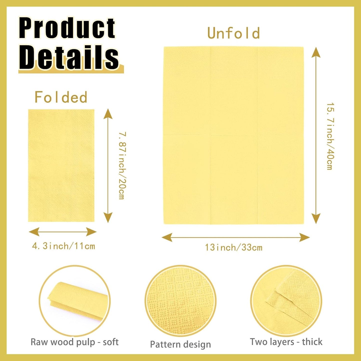 100 Pcs 2-Ply Yellow Napkins Paper Napkins Disposable Guest Hand Towels for Bathroom Dinner Wedding Baby Shower Party Guest Bathroom Napkins
