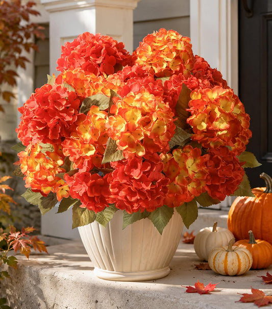 Artificial Flowers for Outdoors, 4 PCS Fall Fake Silk Hydrangea Flower Stems for Bouquets UV Resistant Realistic Faux Plants Home Outdoor Wedding Party Centerpieces Decor (Fall Orange+Yellow)