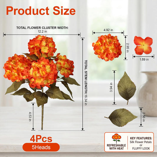 Artificial Flowers for Outdoors, 4 PCS Fall Fake Silk Hydrangea Flower Stems for Bouquets UV Resistant Realistic Faux Plants Home Outdoor Wedding Party Centerpieces Decor (Fall Orange+Yellow)