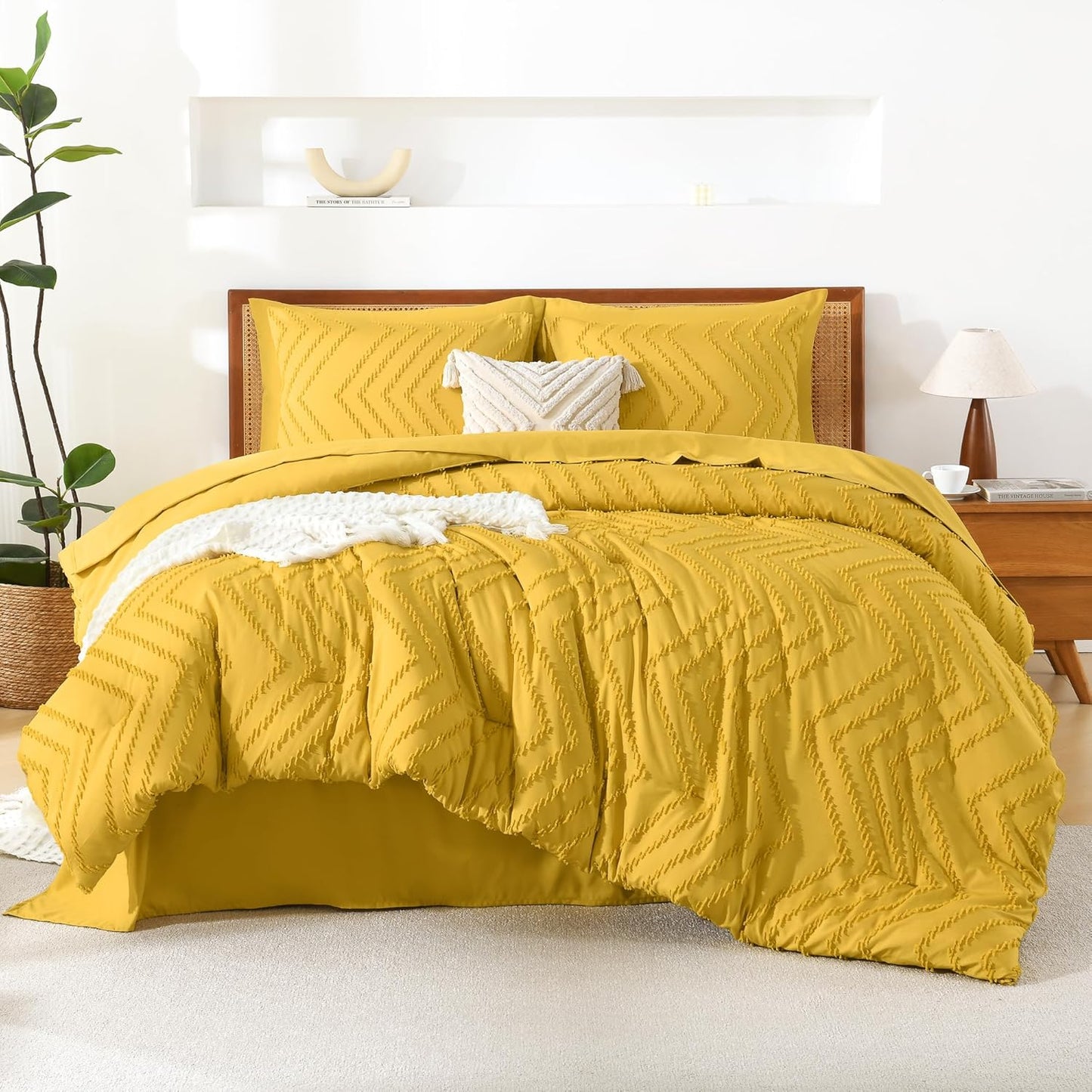 California King Size Comforter Set with Sheets Mustard Yellow - 7 Pieces Bed in a Bag Cal King Chevron Tufted Complete Bedding Sets with Comforter, Sheets, Pillowcases & Shams