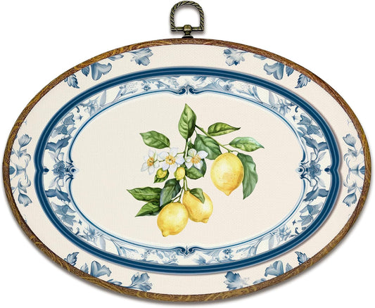 Chinoiserie Lemon Kitchen Oval Wall Art Decor, Vintage Blue and White Lemon Floral Canvas Artwork Framed, Grandmillennial Fruits Wall Hanging Decorations for Home Kitchen Dining Room, 11.4x8.6 Inch