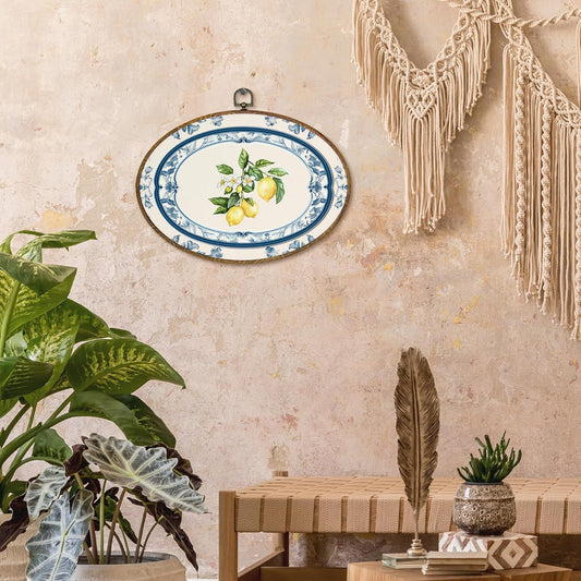 Chinoiserie Lemon Kitchen Oval Wall Art Decor, Vintage Blue and White Lemon Floral Canvas Artwork Framed, Grandmillennial Fruits Wall Hanging Decorations for Home Kitchen Dining Room, 11.4x8.6 Inch