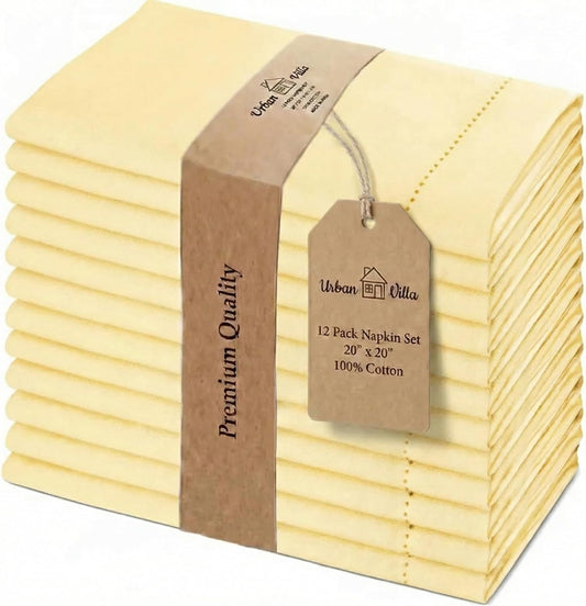 Urban Villa Cloth Napkins Yellow Hemstitch Dinner Napkins Set of 12 (20X20) 100% Cotton Absorbent Washable Durable Reusable Ideal for Hotel Collection Farmhouse Parties Restaurant Lunch Dinner Napkins
