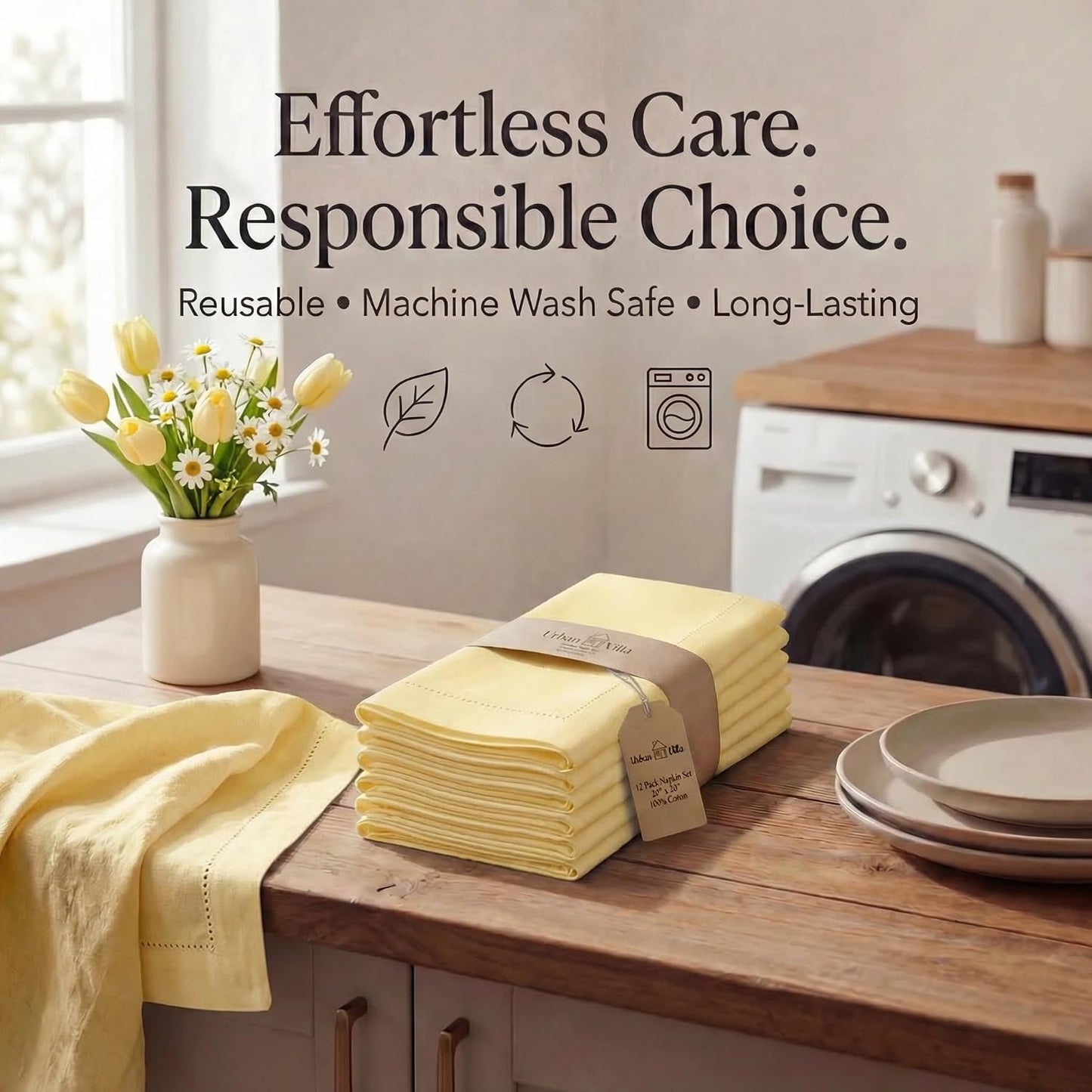 Urban Villa Cloth Napkins Yellow Hemstitch Dinner Napkins Set of 12 (20X20) 100% Cotton Absorbent Washable Durable Reusable Ideal for Hotel Collection Farmhouse Parties Restaurant Lunch Dinner Napkins