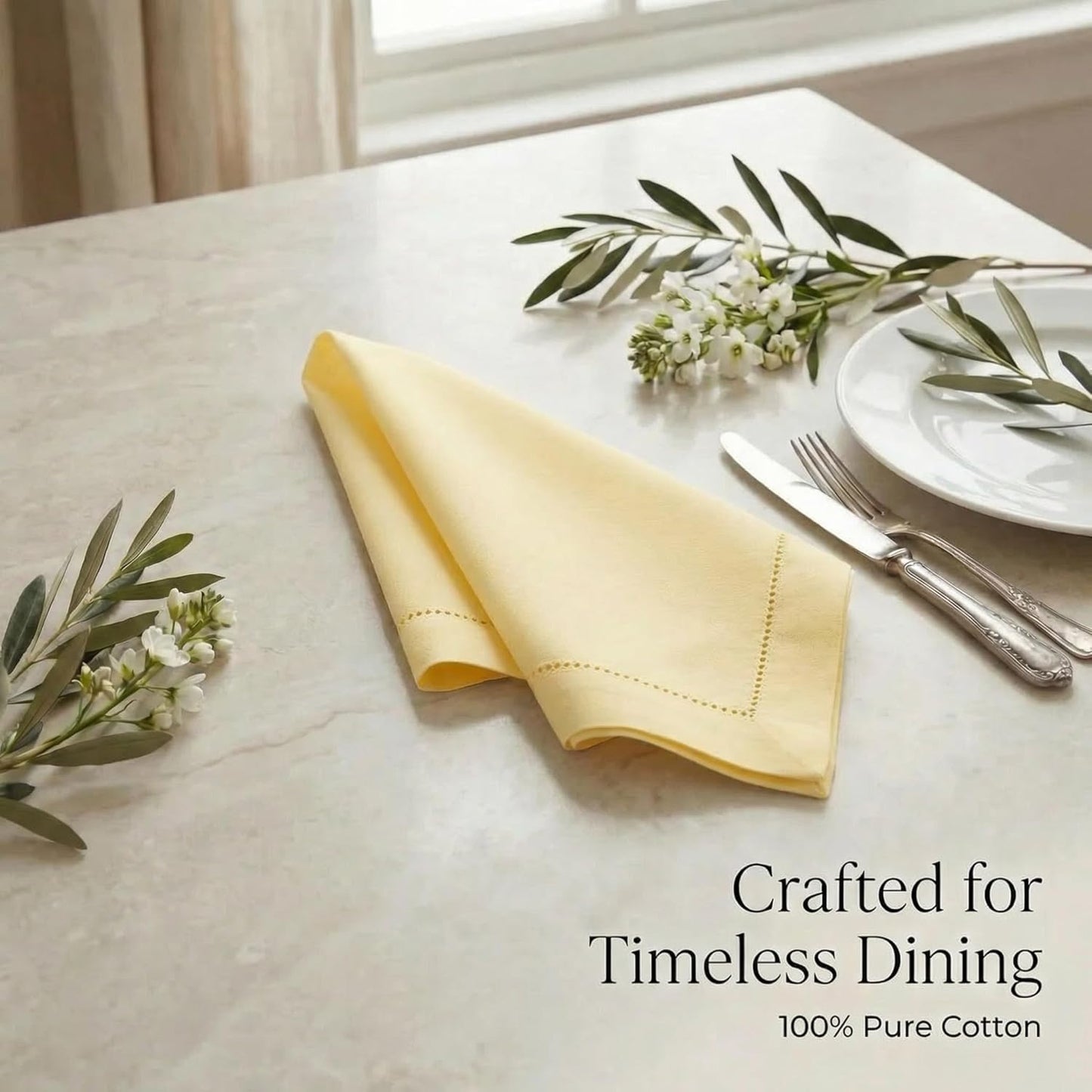 Urban Villa Cloth Napkins Yellow Hemstitch Dinner Napkins Set of 12 (20X20) 100% Cotton Absorbent Washable Durable Reusable Ideal for Hotel Collection Farmhouse Parties Restaurant Lunch Dinner Napkins