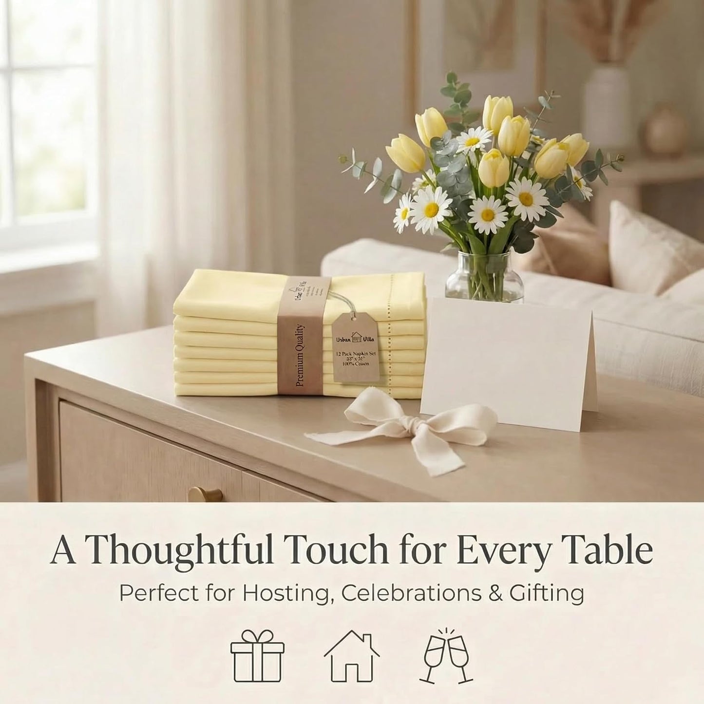 Urban Villa Cloth Napkins Yellow Hemstitch Dinner Napkins Set of 12 (20X20) 100% Cotton Absorbent Washable Durable Reusable Ideal for Hotel Collection Farmhouse Parties Restaurant Lunch Dinner Napkins