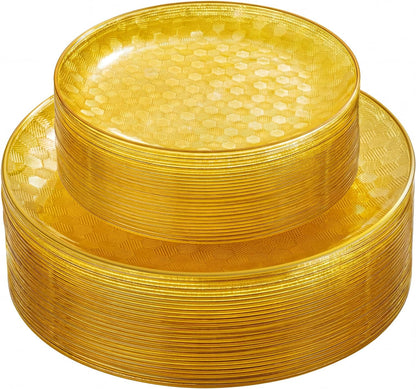 60PCS Clear Yellow Gold Plastic Plates - Heavy Duty Fancy Disposable Plates With Gold Rim -serve for 30 guests Include 30PCS 10.25" & 30PCS 7.5" Honeycomb Design Plates for Party(Yellow)