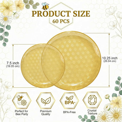 60PCS Clear Yellow Gold Plastic Plates - Heavy Duty Fancy Disposable Plates With Gold Rim -serve for 30 guests Include 30PCS 10.25" & 30PCS 7.5" Honeycomb Design Plates for Party(Yellow)