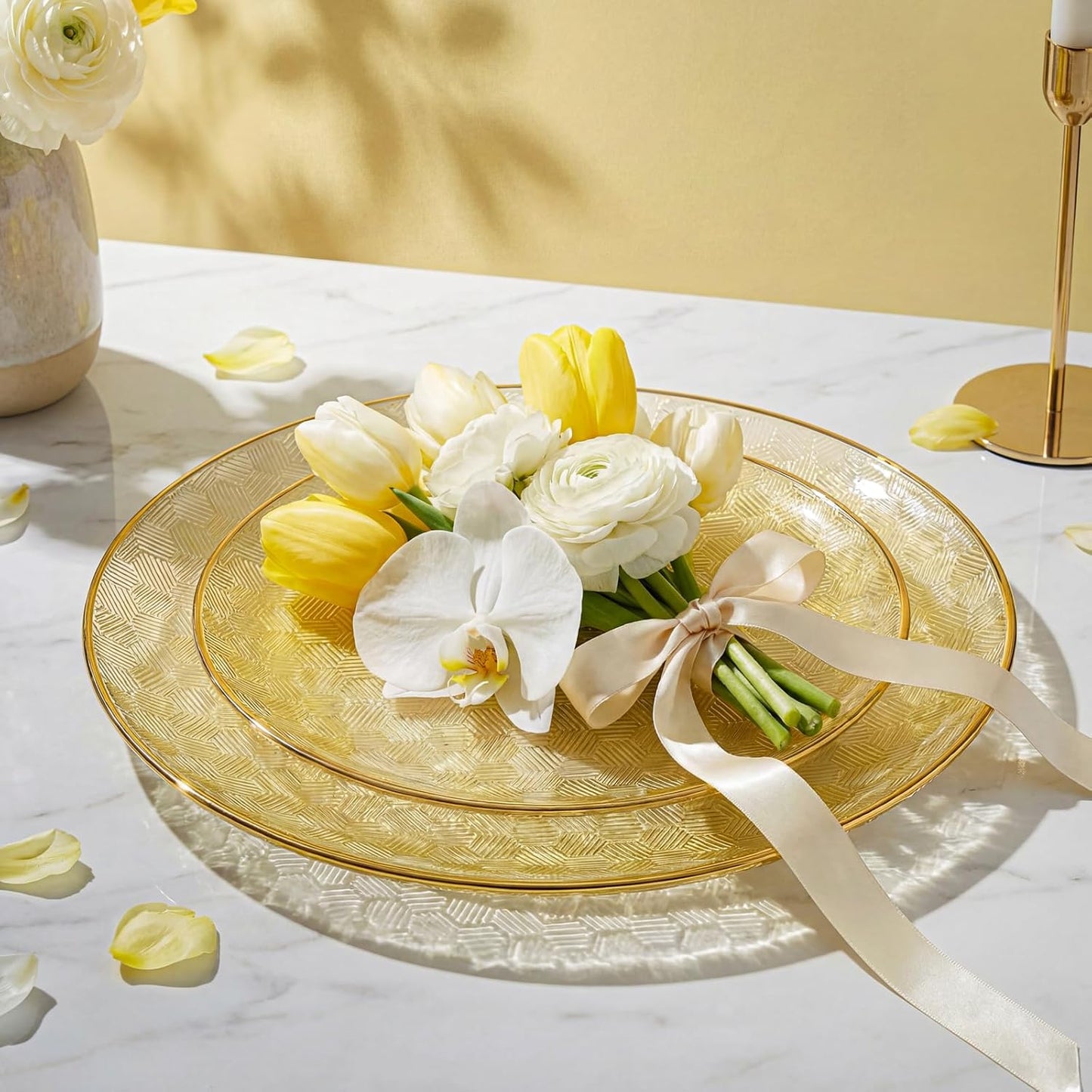 60PCS Clear Yellow Gold Plastic Plates - Heavy Duty Fancy Disposable Plates With Gold Rim -serve for 30 guests Include 30PCS 10.25" & 30PCS 7.5" Honeycomb Design Plates for Party(Yellow)