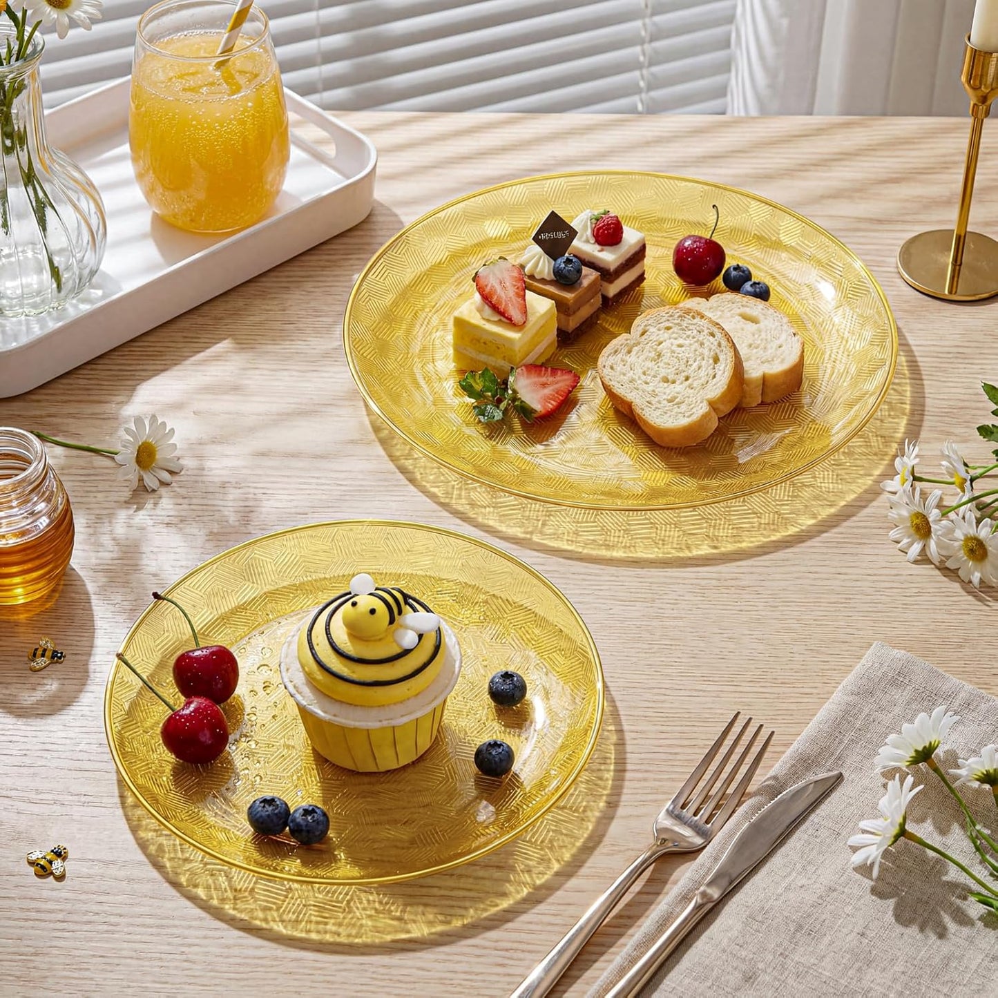 60PCS Clear Yellow Gold Plastic Plates - Heavy Duty Fancy Disposable Plates With Gold Rim -serve for 30 guests Include 30PCS 10.25" & 30PCS 7.5" Honeycomb Design Plates for Party(Yellow)