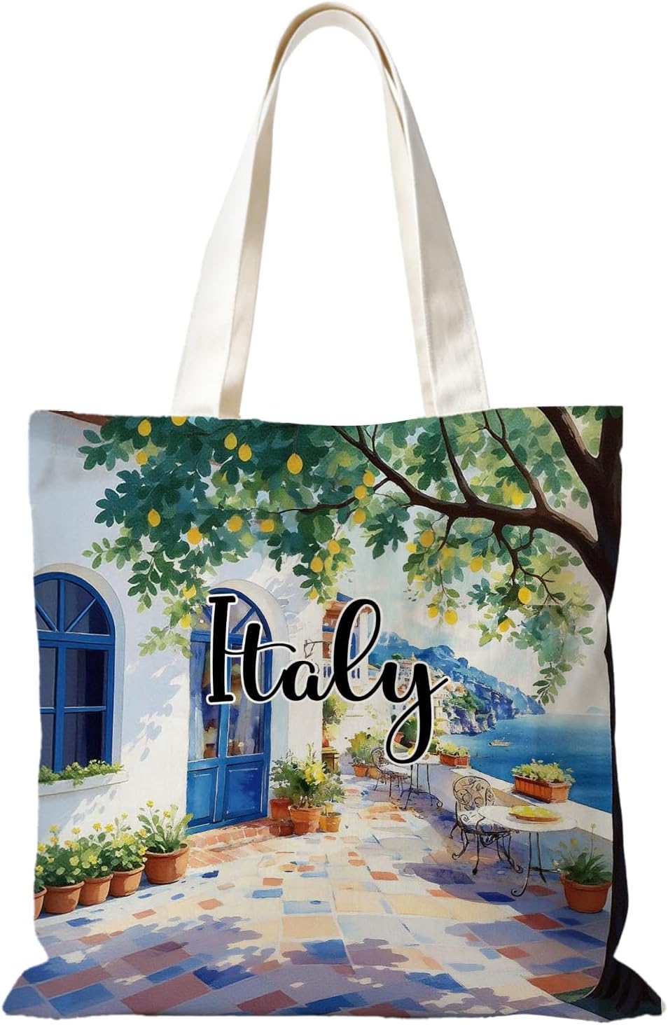 Italy Coastal Lemon Tote Bag Canvas Reusable, Summer Italian Lemon Tote Bag,Mediterranean Seaside Scenery Reusable Grocery Shopping Bags