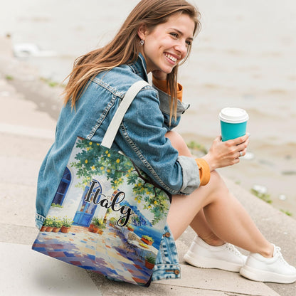 Italy Coastal Lemon Tote Bag Canvas Reusable, Summer Italian Lemon Tote Bag,Mediterranean Seaside Scenery Reusable Grocery Shopping Bags