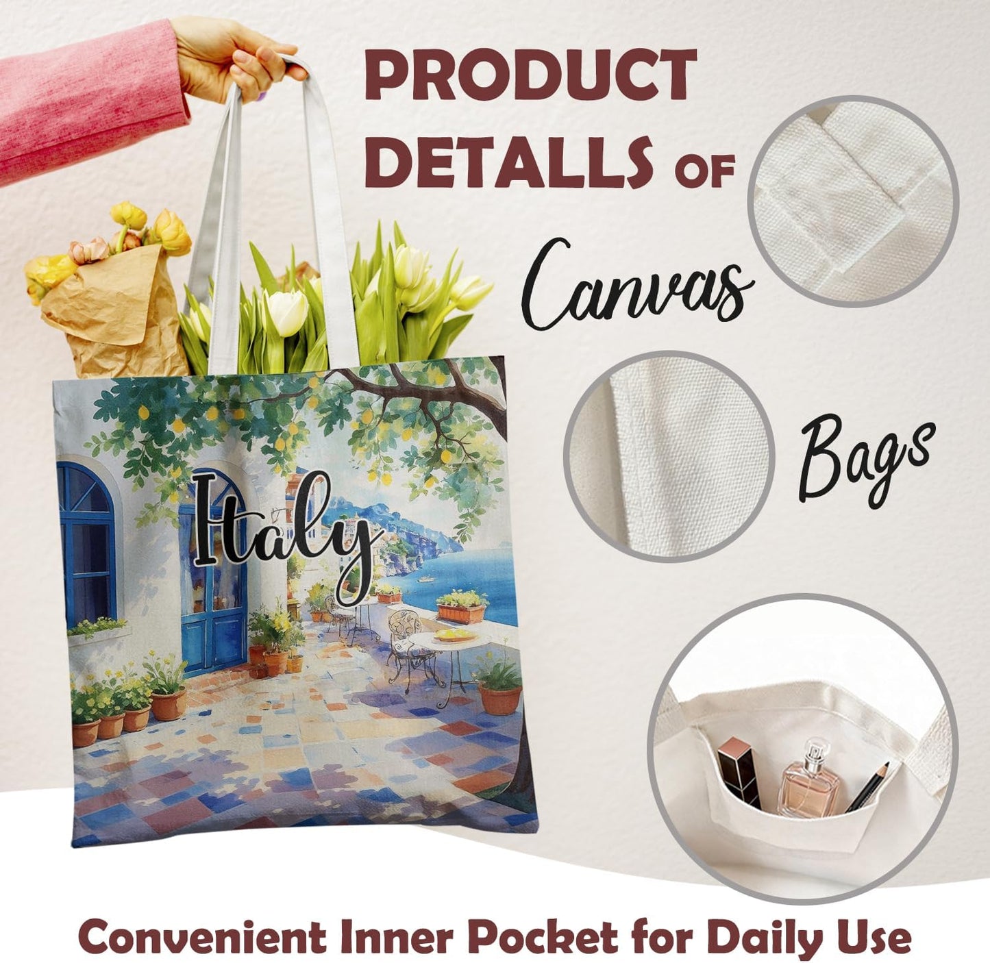 Italy Coastal Lemon Tote Bag Canvas Reusable, Summer Italian Lemon Tote Bag,Mediterranean Seaside Scenery Reusable Grocery Shopping Bags