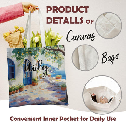 Italy Coastal Lemon Tote Bag Canvas Reusable, Summer Italian Lemon Tote Bag,Mediterranean Seaside Scenery Reusable Grocery Shopping Bags