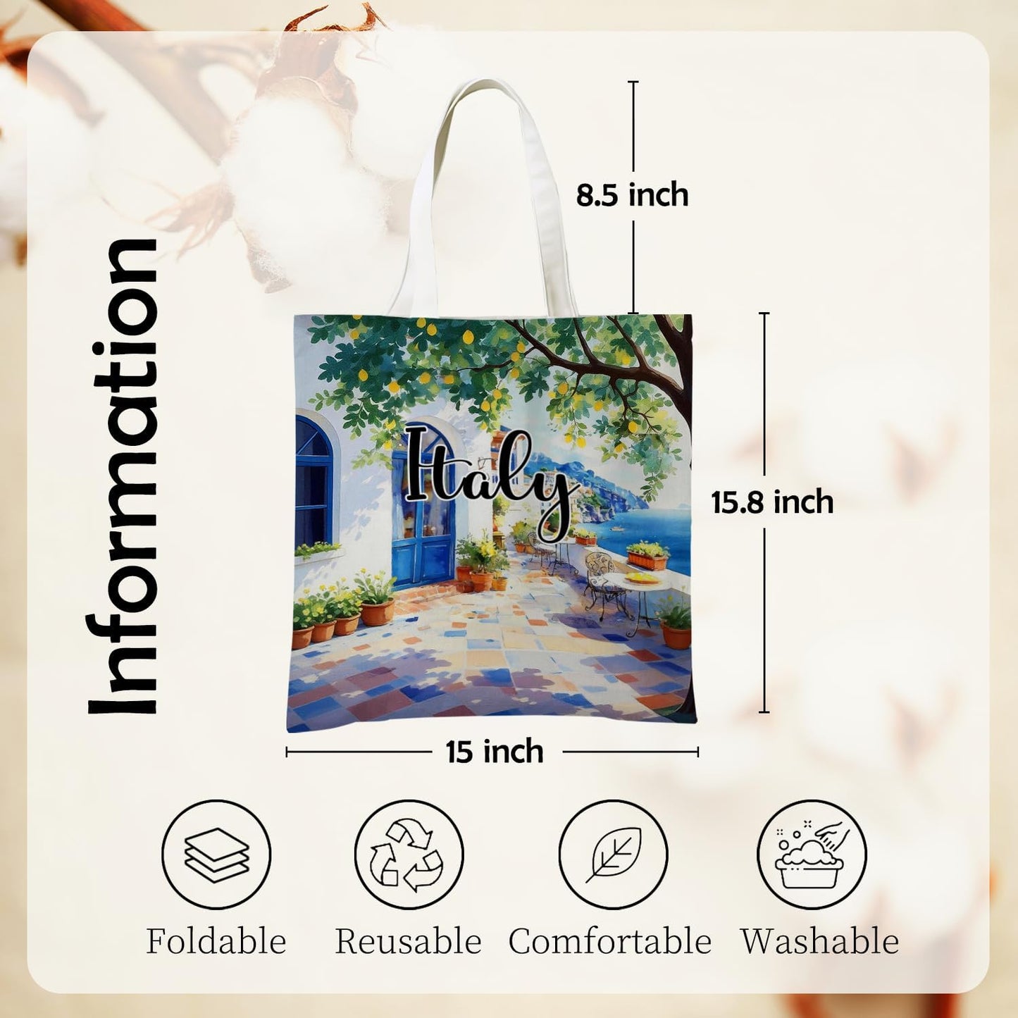 Italy Coastal Lemon Tote Bag Canvas Reusable, Summer Italian Lemon Tote Bag,Mediterranean Seaside Scenery Reusable Grocery Shopping Bags