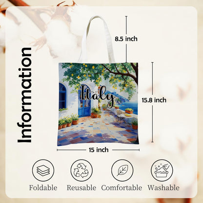 Italy Coastal Lemon Tote Bag Canvas Reusable, Summer Italian Lemon Tote Bag,Mediterranean Seaside Scenery Reusable Grocery Shopping Bags