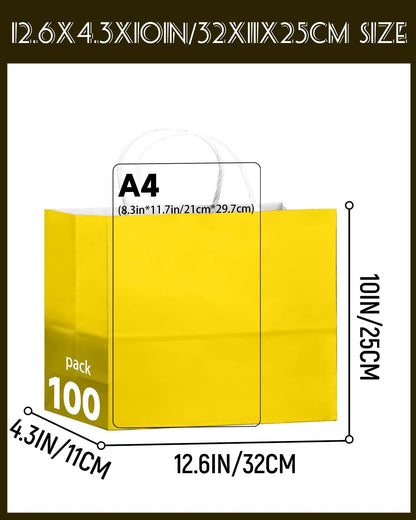 100PCS Large Gift Bag with Handles Bulk 13"x4.5"x10" Gift Bags Bright Yellow Multiple Uses (32x11x25cm,Wide Large)