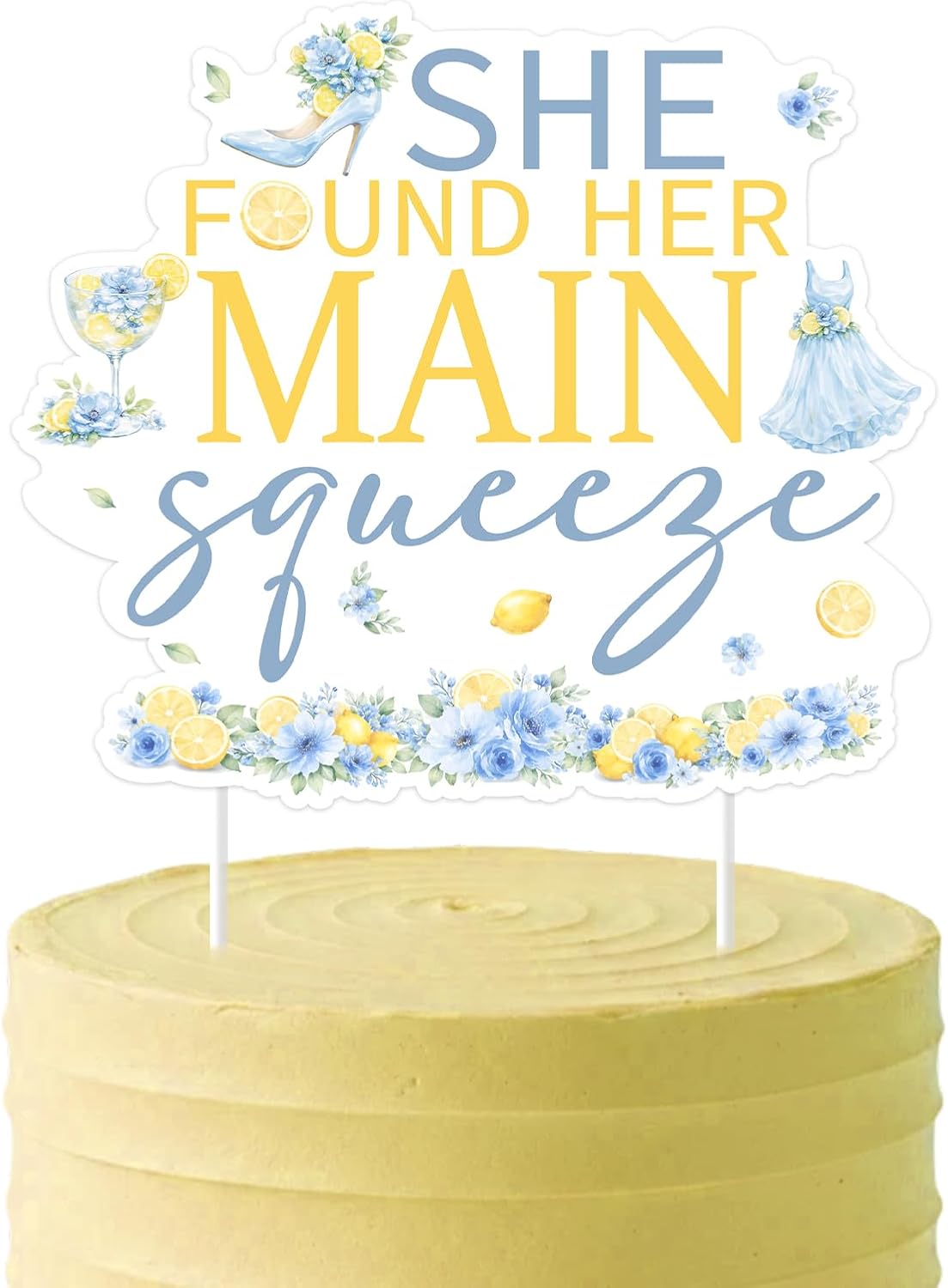 Blue Citrus Bridal Shower Cake Topper She Found Her Main Squeeze Blue Lemon Bridal Shower Party Decoration Double-Sided Paper Cake Pick for Bachelorette Dessert Table Decor