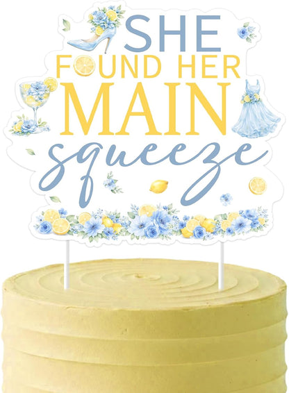 Blue Citrus Bridal Shower Cake Topper She Found Her Main Squeeze Blue Lemon Bridal Shower Party Decoration Double-Sided Paper Cake Pick for Bachelorette Dessert Table Decor