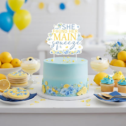 Blue Citrus Bridal Shower Cake Topper She Found Her Main Squeeze Blue Lemon Bridal Shower Party Decoration Double-Sided Paper Cake Pick for Bachelorette Dessert Table Decor