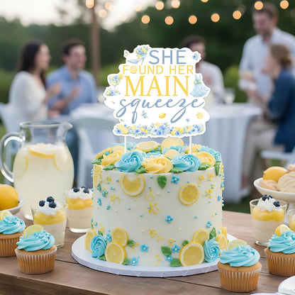 Blue Citrus Bridal Shower Cake Topper She Found Her Main Squeeze Blue Lemon Bridal Shower Party Decoration Double-Sided Paper Cake Pick for Bachelorette Dessert Table Decor