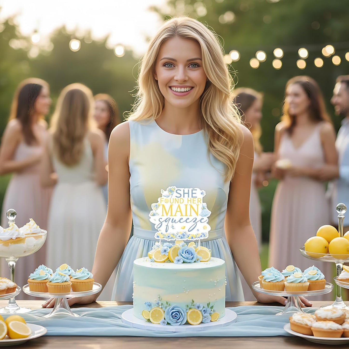 Blue Citrus Bridal Shower Cake Topper She Found Her Main Squeeze Blue Lemon Bridal Shower Party Decoration Double-Sided Paper Cake Pick for Bachelorette Dessert Table Decor