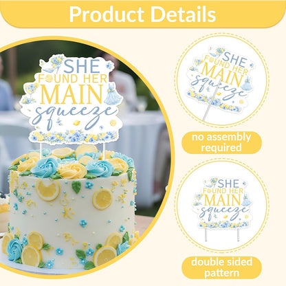 Blue Citrus Bridal Shower Cake Topper She Found Her Main Squeeze Blue Lemon Bridal Shower Party Decoration Double-Sided Paper Cake Pick for Bachelorette Dessert Table Decor