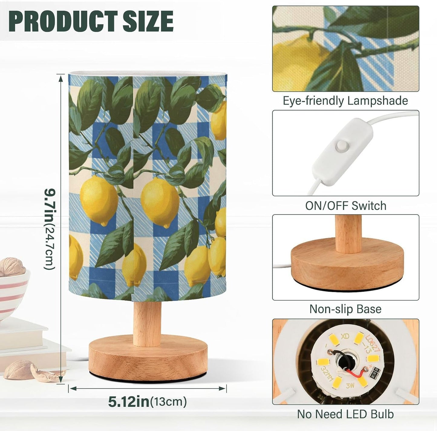 Bedside Table Lamp Lemon Yellow Citrus Fruits (33) Kids Nightstand Lamp Night Light Fabric Shade for Bedroom Living Room Home Office
