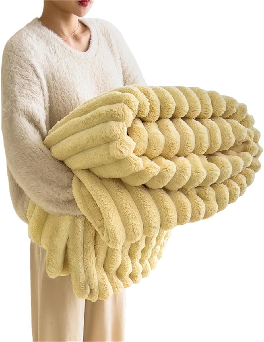 Faux Rabbit Fur Striped Blanket, Plush Soft Fluffy Cozy Lightweight Fleece Throw Blanket for Couch Bed Decorative (28x39in/70x100cm,Yellow)