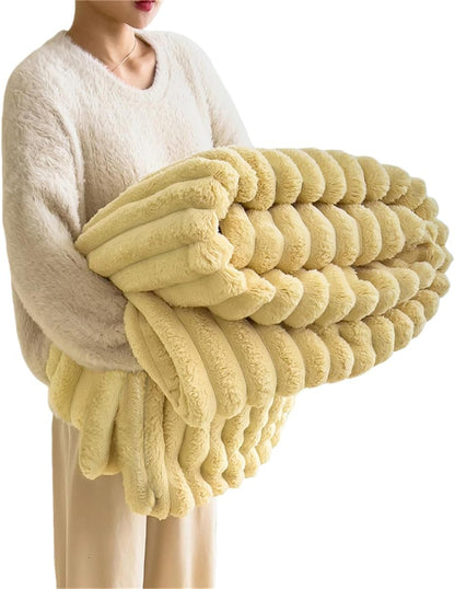 Faux Rabbit Fur Striped Blanket, Plush Soft Fluffy Cozy Lightweight Fleece Throw Blanket for Couch Bed Decorative (28x39in/70x100cm,Yellow)