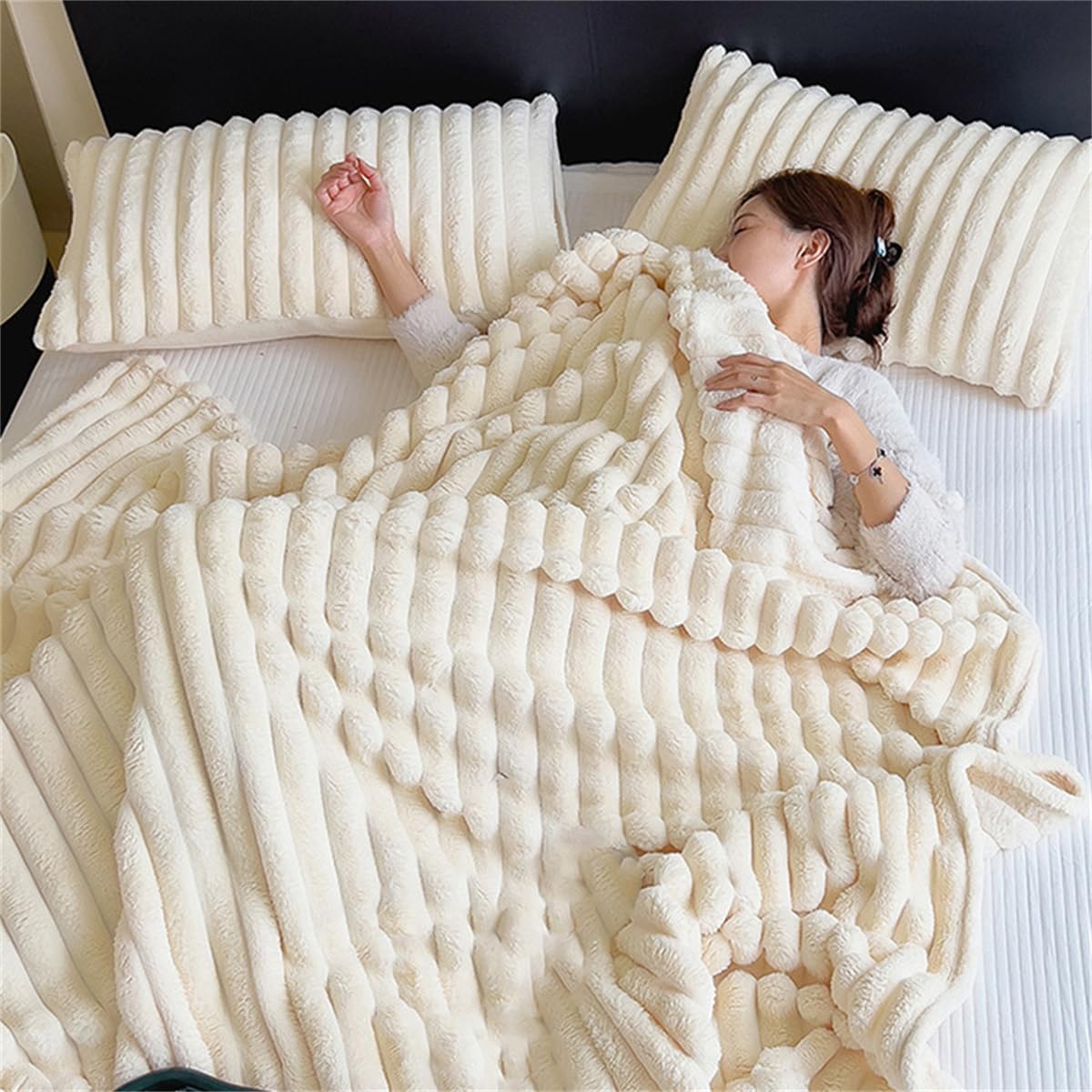 Faux Rabbit Fur Striped Blanket, Plush Soft Fluffy Cozy Lightweight Fleece Throw Blanket for Couch Bed Decorative (28x39in/70x100cm,Yellow)