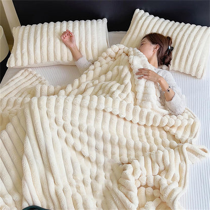 Faux Rabbit Fur Striped Blanket, Plush Soft Fluffy Cozy Lightweight Fleece Throw Blanket for Couch Bed Decorative (28x39in/70x100cm,Yellow)