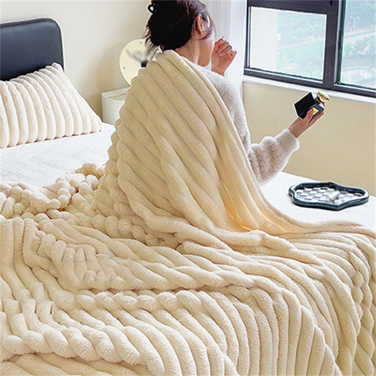 Faux Rabbit Fur Striped Blanket, Plush Soft Fluffy Cozy Lightweight Fleece Throw Blanket for Couch Bed Decorative (28x39in/70x100cm,Yellow)