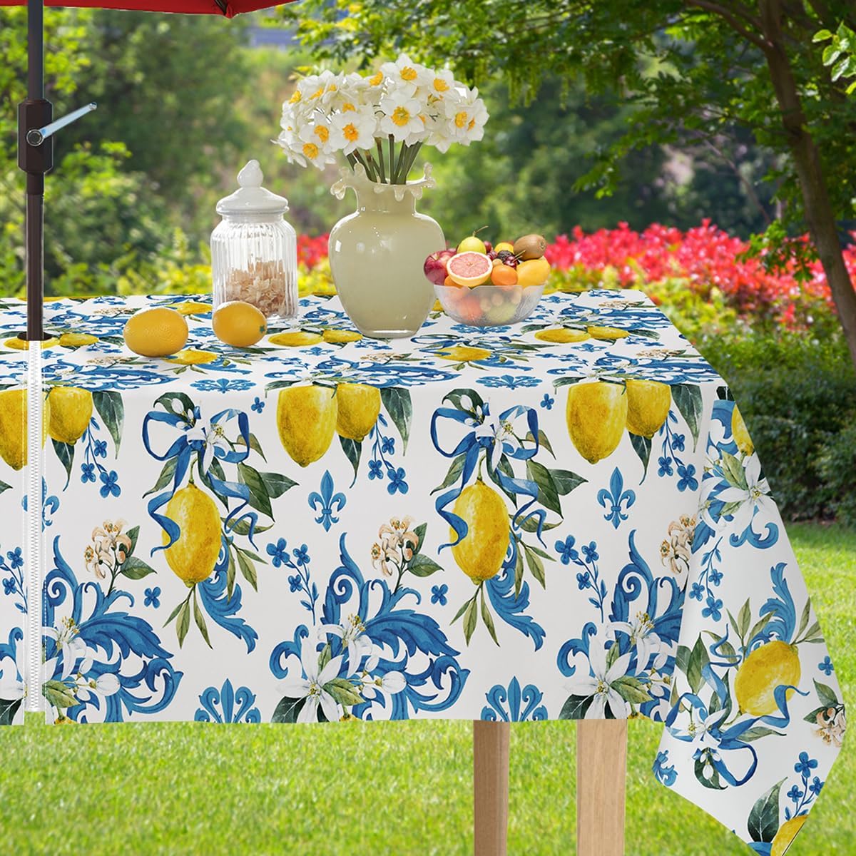 Lemon Outdoor Tablecloth with Umbrella Hole and Zipper Rectangle 52x70 Inch Waterproof Italian Lemons Flower Zippered Table Cloth, Washable Table Cover for Summer/Patio/Picnic/Camping, Blue