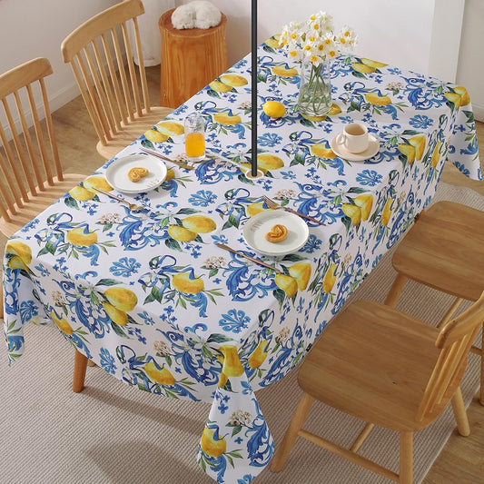 Lemon Outdoor Tablecloth with Umbrella Hole and Zipper Rectangle 52x70 Inch Waterproof Italian Lemons Flower Zippered Table Cloth, Washable Table Cover for Summer/Patio/Picnic/Camping, Blue