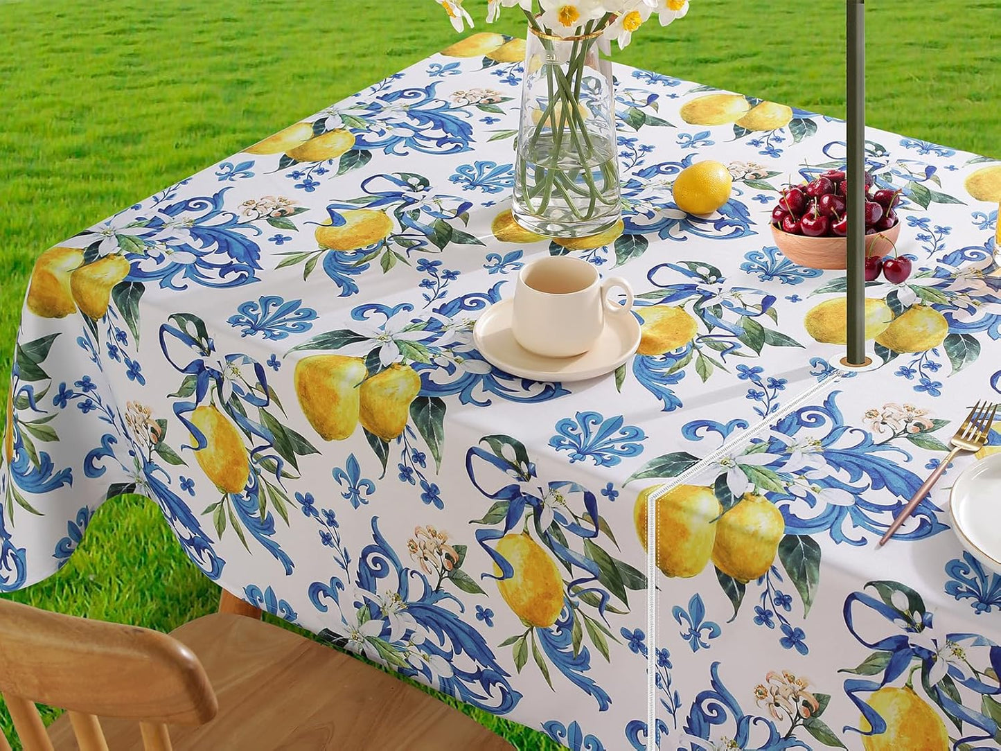 Lemon Outdoor Tablecloth with Umbrella Hole and Zipper Rectangle 52x70 Inch Waterproof Italian Lemons Flower Zippered Table Cloth, Washable Table Cover for Summer/Patio/Picnic/Camping, Blue