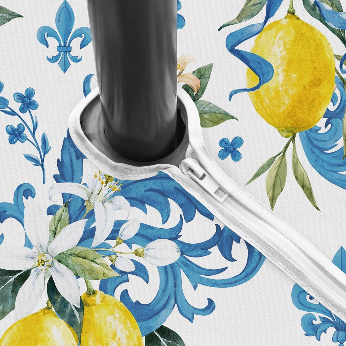 Lemon Outdoor Tablecloth with Umbrella Hole and Zipper Rectangle 52x70 Inch Waterproof Italian Lemons Flower Zippered Table Cloth, Washable Table Cover for Summer/Patio/Picnic/Camping, Blue