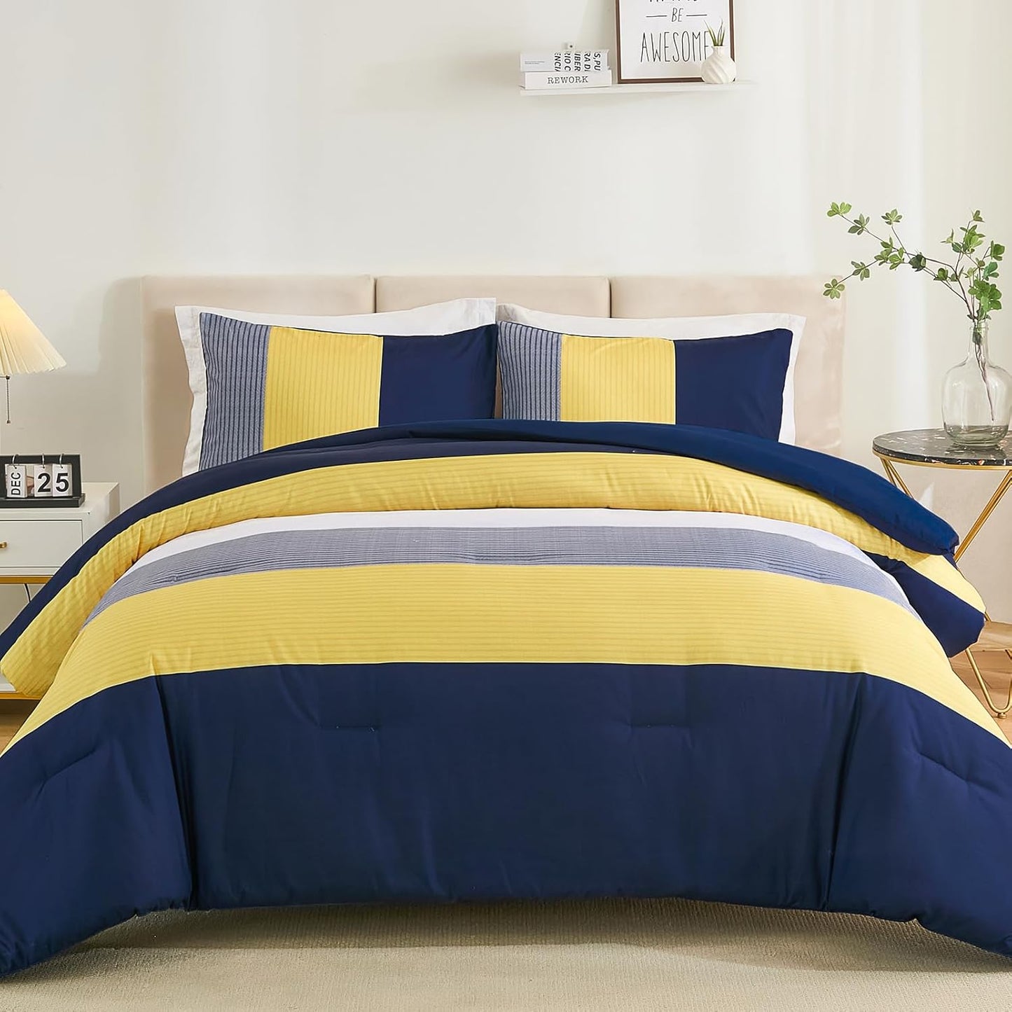 Comforter Set Queen, Reversible Blue Striped Patchwork Down Alternative Comforter for Queen Bed,3 Pieces (1 Comforter+2 Pillowcases), Soft Microfiber Bedding Duvet Insert Set 90"×90"