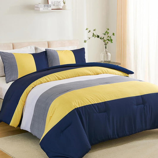 Comforter Set Queen, Reversible Blue Striped Patchwork Down Alternative Comforter for Queen Bed,3 Pieces (1 Comforter+2 Pillowcases), Soft Microfiber Bedding Duvet Insert Set 90"×90"